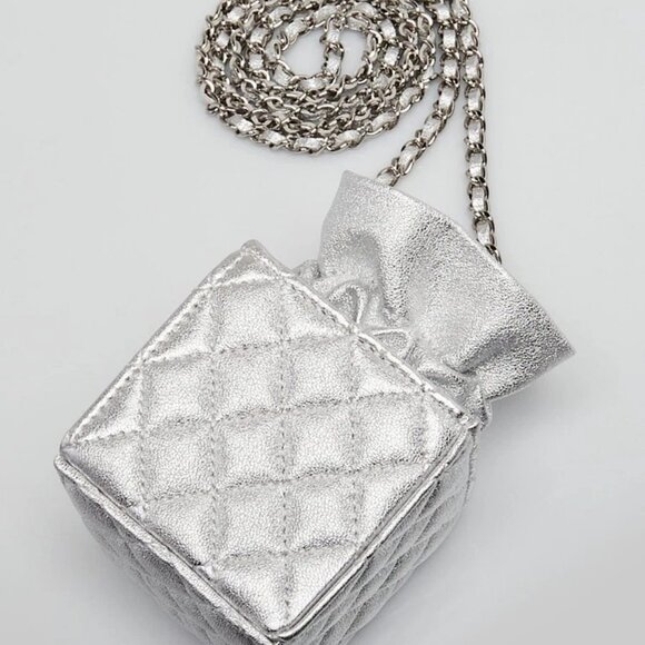 Chanel Metallic Silver Quilted Leather Mini Drawstring CC Bucket Bag - Picture 3 of 12